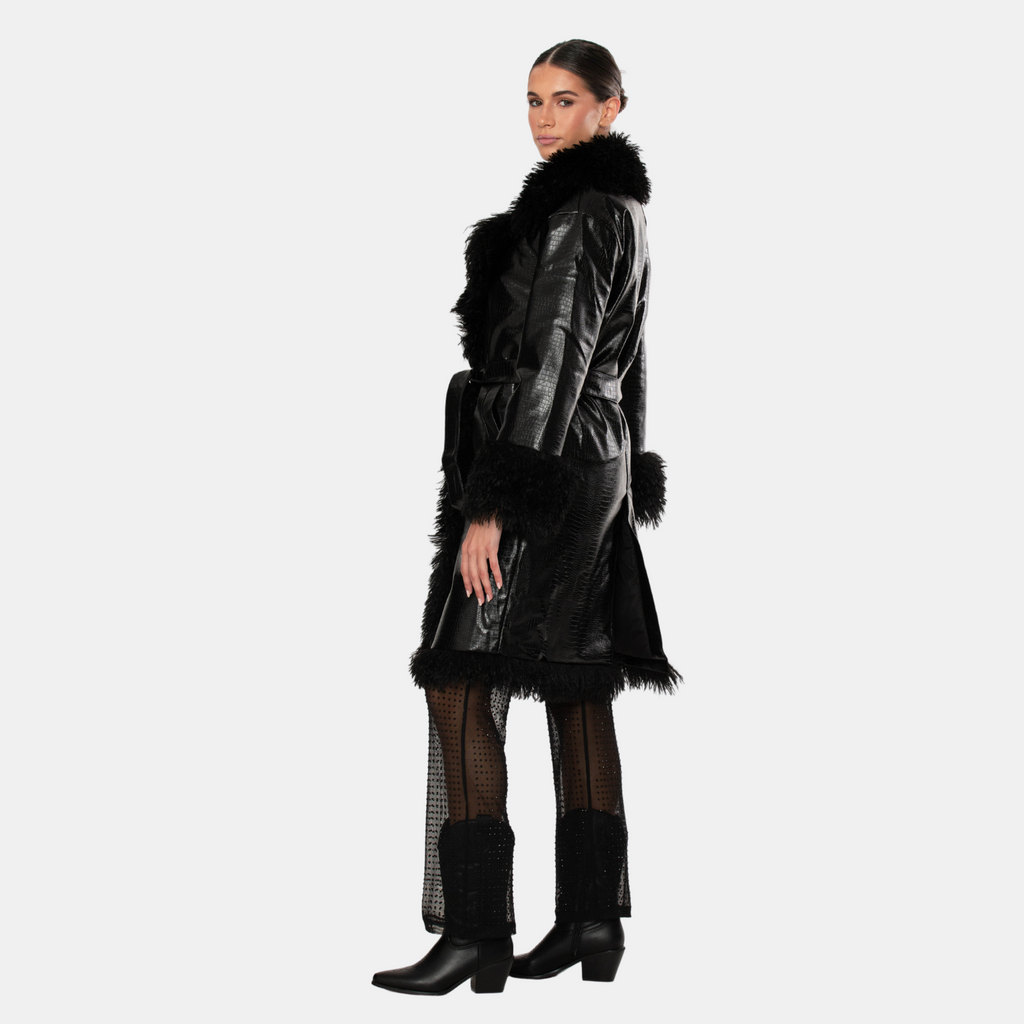 OW Collection FREYA Faux Fur Coat Coat 002 - Black Caviar