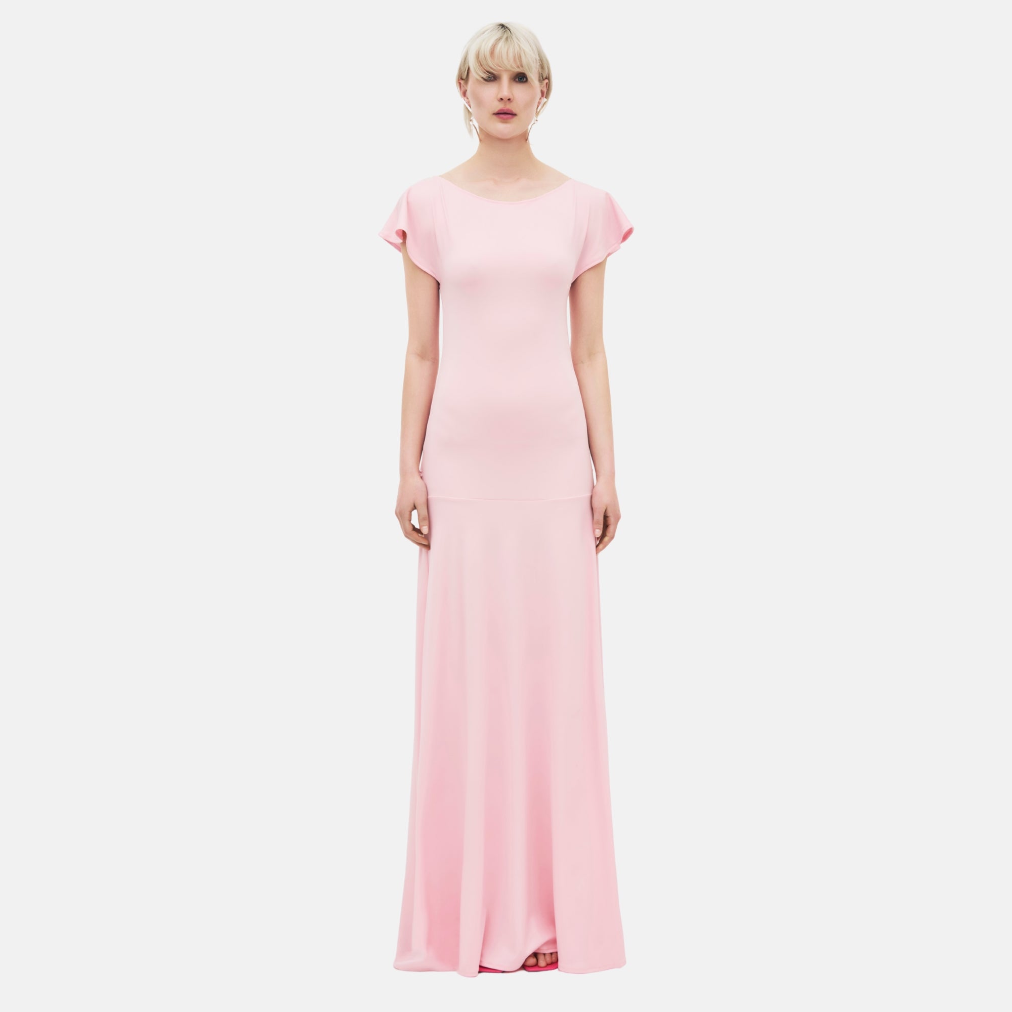 baby pink maxi dress Mirelle Light Pink Boat-Neck Maxi Dress With Cape-Sleeve – Club L London