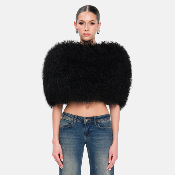NIA Fur | Black Tibetan Lamb Fur Cape | OW Collection