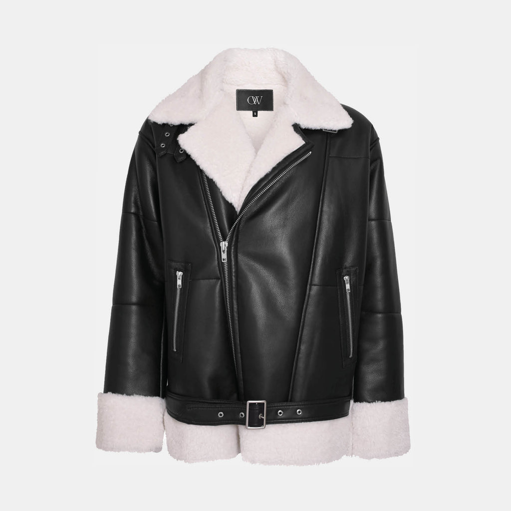 OW Collection STOCKHOLM Faux Shearling Jacket Jacket 165 - Black/Ivory