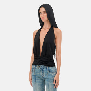 AGATHA Halter Top front view showing plunging neckline and ruched waist detail
