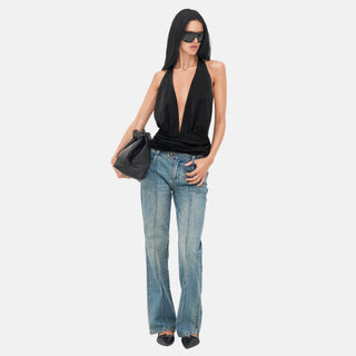 AGATHA Halter Top black satin going-out top styled with jeans and heels