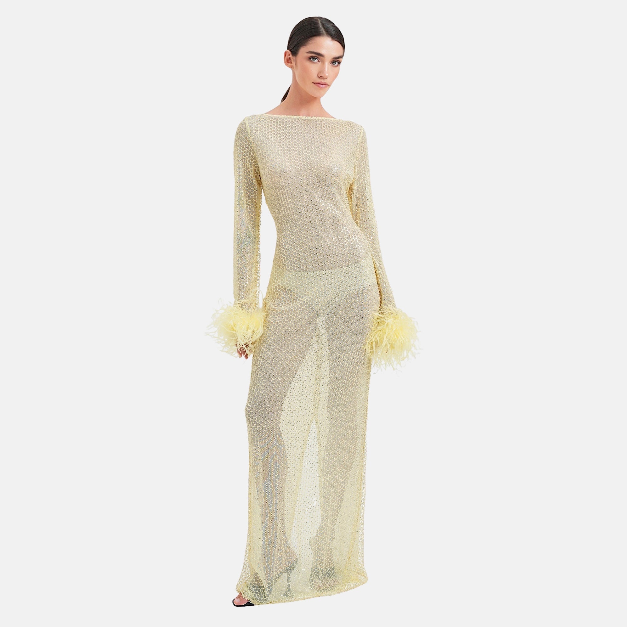 Ow Alva Maxi Dress With Feather Cuffs - Yellow Ow Alva Maxi Dress With Feather Cuffs - Yellow