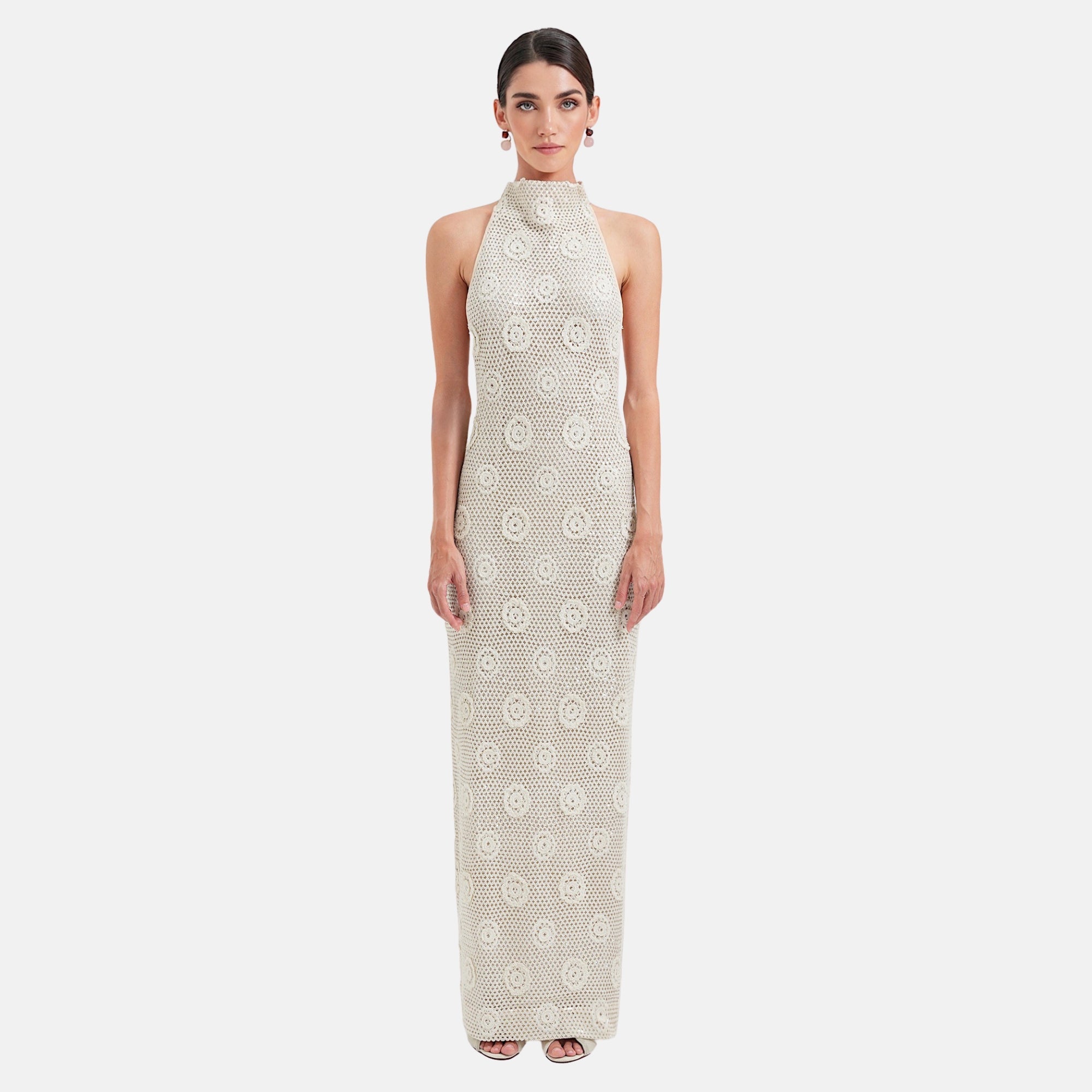 COLLETTE Maxi Dress | Beige Crochet Open Back Dress