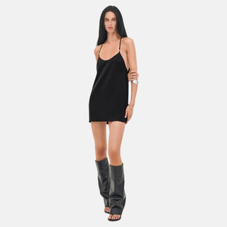 LINDSEY Mini Dress black satin slip dress styled with heels for a night out