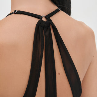LINDSEY Top close-up of silver ring halter fastening and open back detail