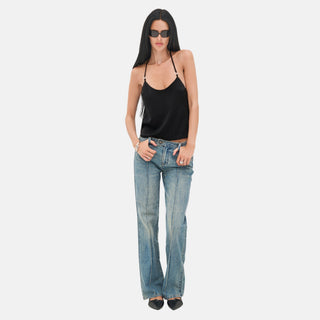 LINDSEY Top black satin going-out top styled with wide-leg jeans and heels