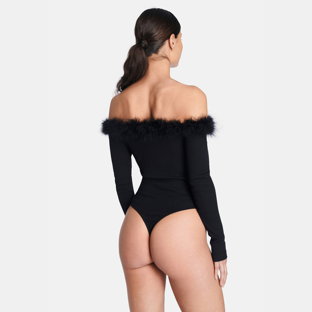 OW Collection MIRANDA Feather Bodysuit Bodysuit 002 - Black Caviar