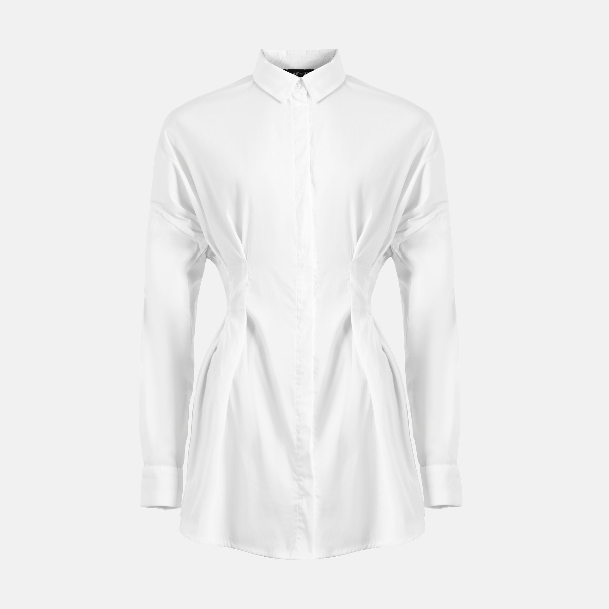 white shirt dress fitted White Fitted Waist Long Sleeve Button Shirt Dress